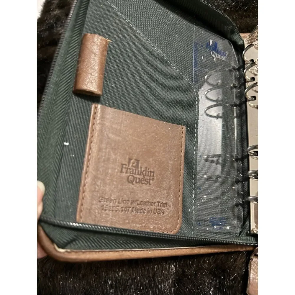 Franklin Quest Pre-Covey Green Line Canvas Brown Leather Trim Planner 6 Ring Zip